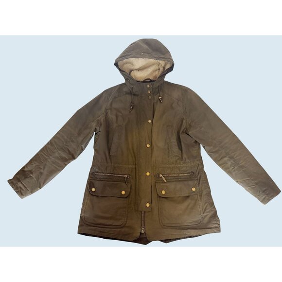 BARBOUR Kelsall Wax Coated Army Green Parka Jacket Coat Size 10 - Picture 2 of 11